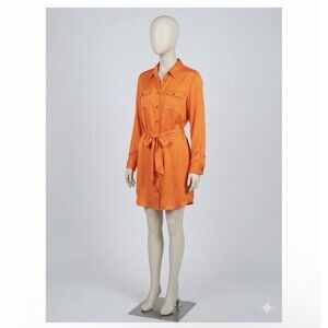 Charlie By Mathew Zink Silk Shirt Dress Coral Orange Belted Midi L